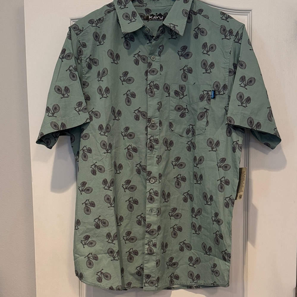 Kavu Sage Green Short Sleeve Button-Down with Bicycle Print